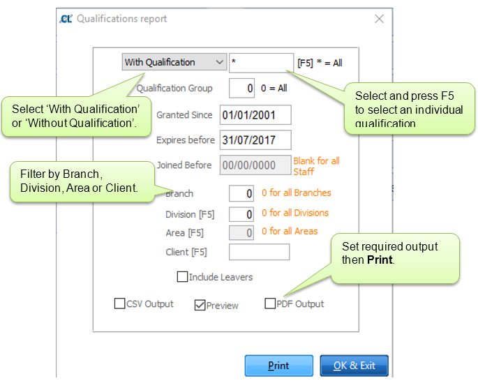 Qualifications Report Filter